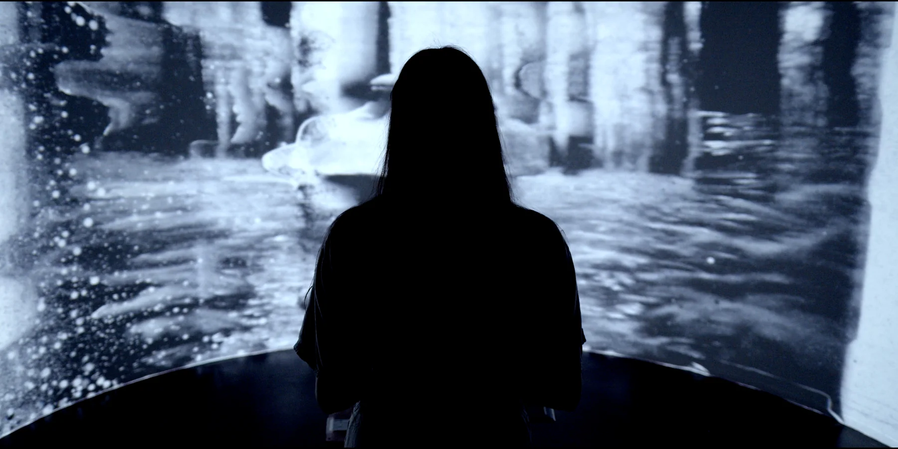 A visitor seen from behind within a wide immersive projection