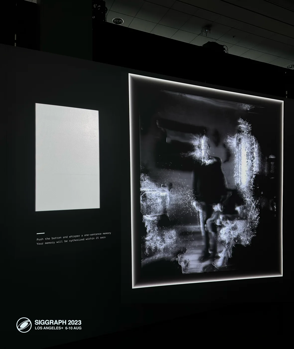 A black-and-white generated memory displayed on a gallery wall
